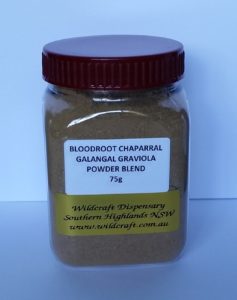 CHAPARRAL BLOODROOT GALANGAL GRAVIOLA Powder Blend 75g Jar   Contains equal quantities of each herb: Chaparral - Wildharvested - Mexico Bloodroot - Certified Organic - USA Graviola - Wildharvested - Sri Lanka Galangal - Wildharvested - Indonesia